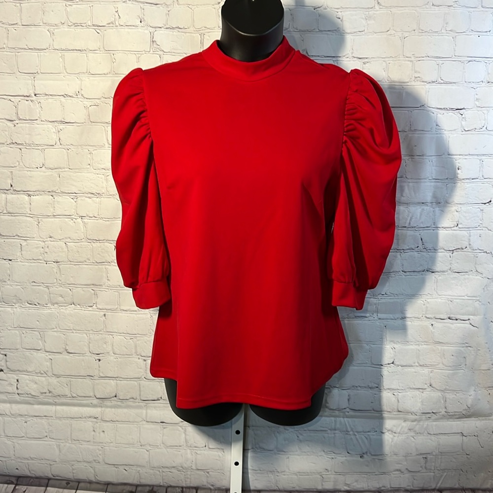 Romwe Bright Red Mock Neck Short Puff Sleeve Top XL
